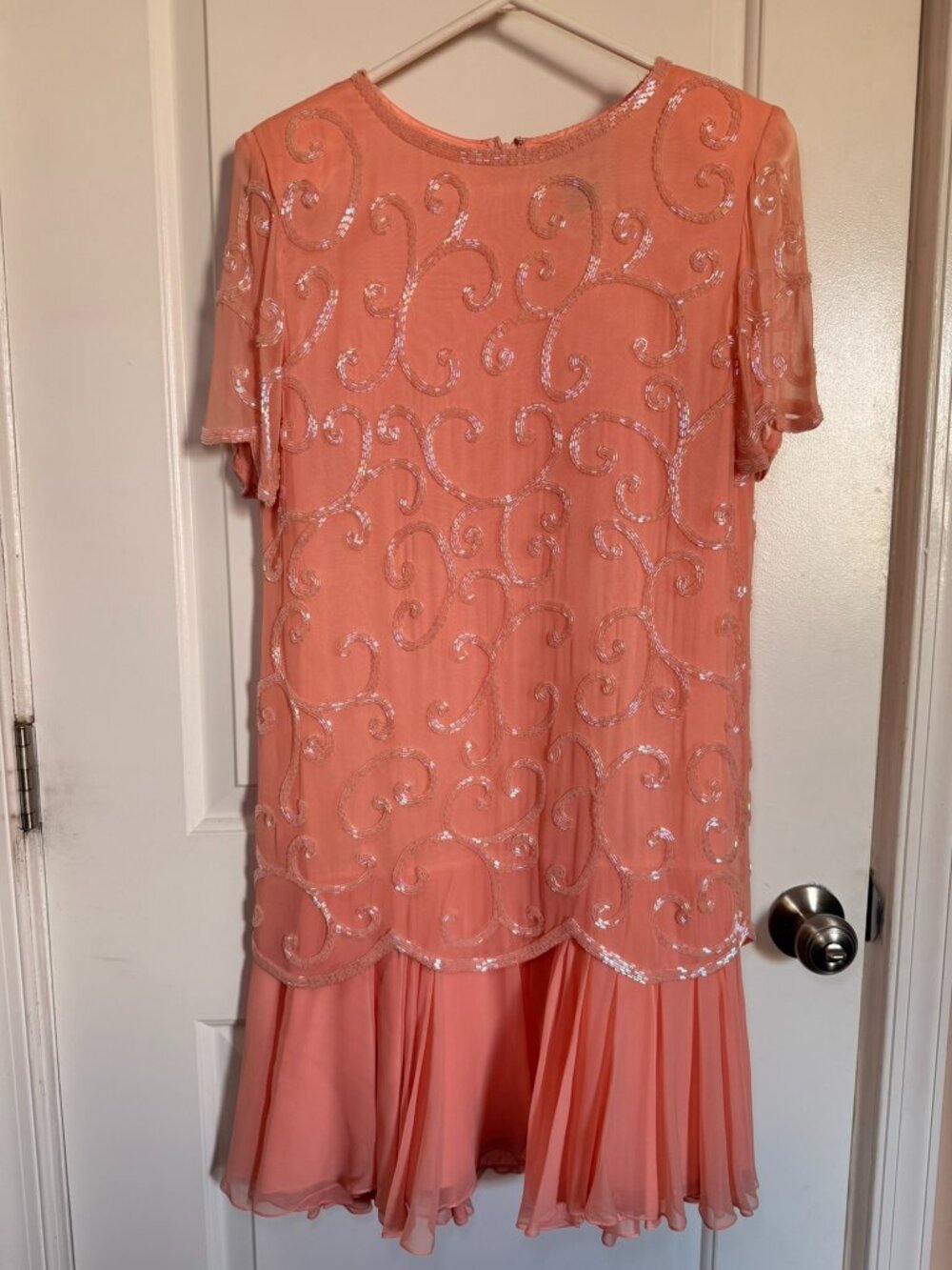 Vintage Talbots 100% Silk Beaded Sequined Drop Waist Flapper Dress Peach Size 8P
